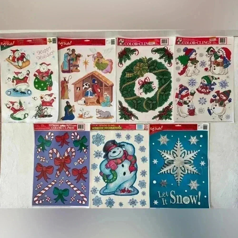 Vintage Christmas Window Decoration Reusable Static Sticker Clings Holo Lot of 7